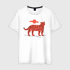 Мужская футболка хлопок с принтом Тигр на закате , 100% хлопок | прямой крой, круглый вырез горловины, длина до линии бедер, слегка спущенное плечо. | 