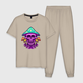 Мужская пижама хлопок с принтом Mushroom skull , 100% хлопок | брюки и футболка прямого кроя, без карманов, на брюках мягкая резинка на поясе и по низу штанин
 | Тематика изображения на принте: 
