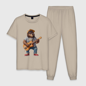 Мужская пижама хлопок с принтом Брутальный медведь с гитарой в Кировске, 100% хлопок | брюки и футболка прямого кроя, без карманов, на брюках мягкая резинка на поясе и по низу штанин
 | 