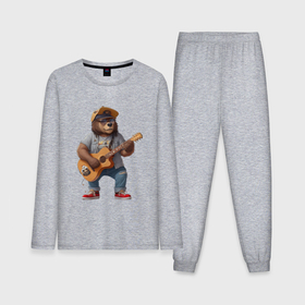 Мужская пижама с лонгсливом хлопок с принтом Брутальный медведь с гитарой в Курске,  |  | 