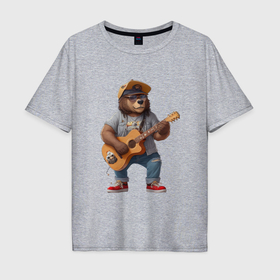 Мужская футболка хлопок Oversize с принтом Брутальный медведь с гитарой в Кировске, 100% хлопок | свободный крой, круглый ворот, “спинка” длиннее передней части | 