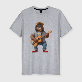 Мужская футболка хлопок Slim с принтом Брутальный медведь с гитарой в Курске, 92% хлопок, 8% лайкра | приталенный силуэт, круглый вырез ворота, длина до линии бедра, короткий рукав | 