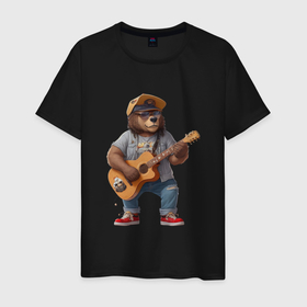 Мужская футболка хлопок с принтом Брутальный медведь с гитарой в Курске, 100% хлопок | прямой крой, круглый вырез горловины, длина до линии бедер, слегка спущенное плечо. | 