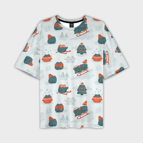 Мужская футболка oversize 3D с принтом Зимние веселые лягушки на санках паттерн ,  |  | 