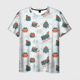 Мужская футболка 3D с принтом Зимние веселые лягушки на санках паттерн в Белгороде, 100% полиэфир | прямой крой, круглый вырез горловины, длина до линии бедер | 