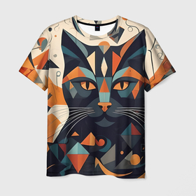 Мужская футболка 3D с принтом Чёрный кот кубизм   нейросеть в Курске, 100% полиэфир | прямой крой, круглый вырез горловины, длина до линии бедер | 