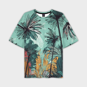Мужская футболка oversize 3D с принтом Пальмы в стиле гранж на мятном фоне ,  |  | 