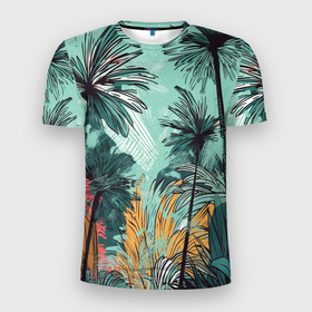 Мужская футболка 3D Slim с принтом Пальмы в стиле гранж на мятном фоне в Кировске, 100% полиэстер с улучшенными характеристиками | приталенный силуэт, круглая горловина, широкие плечи, сужается к линии бедра | 