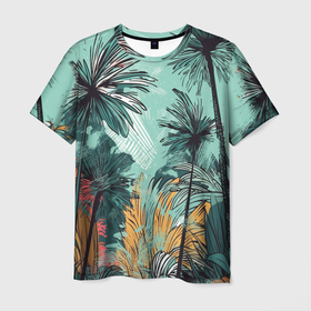Мужская футболка 3D с принтом Пальмы в стиле гранж на мятном фоне в Белгороде, 100% полиэфир | прямой крой, круглый вырез горловины, длина до линии бедер | Тематика изображения на принте: 