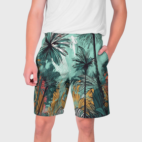 Мужские шорты 3D с принтом Пальмы в стиле гранж на мятном фоне ,  полиэстер 100% | прямой крой, два кармана без застежек по бокам. Мягкая трикотажная резинка на поясе, внутри которой широкие завязки. Длина чуть выше колен | 