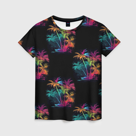 Женская футболка 3D с принтом Паттерн с пальмами в неоновых цветах в Тюмени, 100% полиэфир ( синтетическое хлопкоподобное полотно) | прямой крой, круглый вырез горловины, длина до линии бедер | 