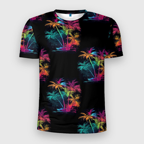 Мужская футболка 3D Slim с принтом Паттерн с пальмами в неоновых цветах в Курске, 100% полиэстер с улучшенными характеристиками | приталенный силуэт, круглая горловина, широкие плечи, сужается к линии бедра | 