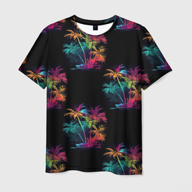 Мужская футболка 3D с принтом Паттерн с пальмами в неоновых цветах в Курске, 100% полиэфир | прямой крой, круглый вырез горловины, длина до линии бедер | Тематика изображения на принте: 