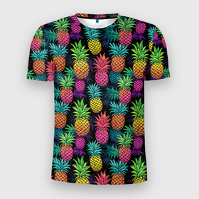 Мужская футболка 3D Slim с принтом Разноцветные ананасы паттерн в Петрозаводске, 100% полиэстер с улучшенными характеристиками | приталенный силуэт, круглая горловина, широкие плечи, сужается к линии бедра | 