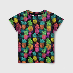 Детская футболка 3D с принтом Разноцветные ананасы паттерн , 100% гипоаллергенный полиэфир | прямой крой, круглый вырез горловины, длина до линии бедер, чуть спущенное плечо, ткань немного тянется | 