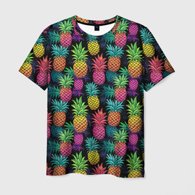 Мужская футболка 3D с принтом Разноцветные ананасы паттерн в Тюмени, 100% полиэфир | прямой крой, круглый вырез горловины, длина до линии бедер | 