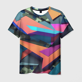 Мужская футболка 3D с принтом Камуфляж и цветная геометрия   нейросеть в Кировске, 100% полиэфир | прямой крой, круглый вырез горловины, длина до линии бедер | 