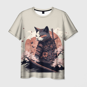 Мужская футболка 3D с принтом Боевой котенок ниндзя   японская сакура в Петрозаводске, 100% полиэфир | прямой крой, круглый вырез горловины, длина до линии бедер | 