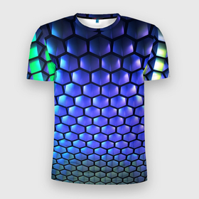 Мужская футболка 3D Slim с принтом Цветные соты   объемная абстракция в Новосибирске, 100% полиэстер с улучшенными характеристиками | приталенный силуэт, круглая горловина, широкие плечи, сужается к линии бедра | Тематика изображения на принте: 