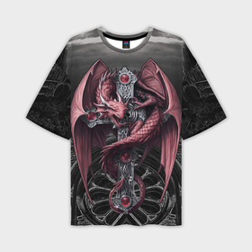 Мужская футболка oversize 3D с принтом Красный кельтский дракон на готическом кресте в Курске,  |  | 