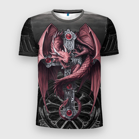 Мужская футболка 3D Slim с принтом Красный кельтский дракон на готическом кресте в Новосибирске, 100% полиэстер с улучшенными характеристиками | приталенный силуэт, круглая горловина, широкие плечи, сужается к линии бедра | 