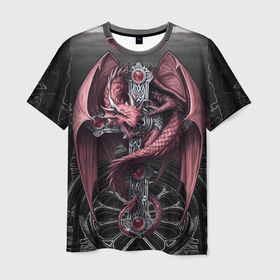 Мужская футболка 3D с принтом Красный кельтский дракон на готическом кресте в Курске, 100% полиэфир | прямой крой, круглый вырез горловины, длина до линии бедер | 
