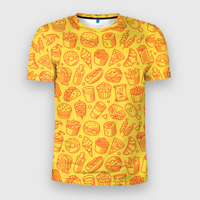 Мужская футболка 3D Slim с принтом Фастфуд   жёлтый в Кировске, 100% полиэстер с улучшенными характеристиками | приталенный силуэт, круглая горловина, широкие плечи, сужается к линии бедра | 