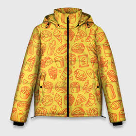 Мужская зимняя куртка 3D с принтом Фастфуд   жёлтый в Кировске, верх — 100% полиэстер; подкладка — 100% полиэстер; утеплитель — 100% полиэстер | длина ниже бедра, свободный силуэт Оверсайз. Есть воротник-стойка, отстегивающийся капюшон и ветрозащитная планка. 

Боковые карманы с листочкой на кнопках и внутренний карман на молнии. | 