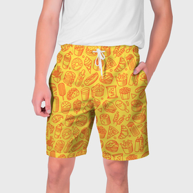 Мужские шорты 3D с принтом Фастфуд   жёлтый в Кировске,  полиэстер 100% | прямой крой, два кармана без застежек по бокам. Мягкая трикотажная резинка на поясе, внутри которой широкие завязки. Длина чуть выше колен | 