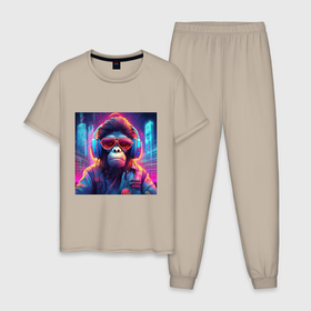 Мужская пижама хлопок с принтом Антропоморфная обезьяна в Новосибирске, 100% хлопок | брюки и футболка прямого кроя, без карманов, на брюках мягкая резинка на поясе и по низу штанин
 | 