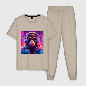 Мужская пижама хлопок с принтом Антропоморфная обезьяна в свете неонового города в Курске, 100% хлопок | брюки и футболка прямого кроя, без карманов, на брюках мягкая резинка на поясе и по низу штанин
 | 
