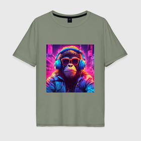 Мужская футболка хлопок Oversize с принтом Антропоморфная обезьяна в свете неонового города в Петрозаводске, 100% хлопок | свободный крой, круглый ворот, “спинка” длиннее передней части | 
