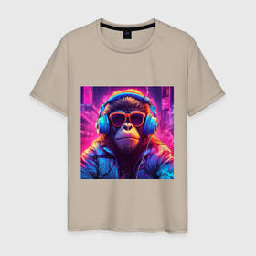 Мужская футболка хлопок с принтом Антропоморфная обезьяна в свете неонового города в Курске, 100% хлопок | прямой крой, круглый вырез горловины, длина до линии бедер, слегка спущенное плечо. | 