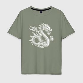 Мужская футболка хлопок Oversize с принтом Белый китайский дракон с шаром в Курске, 100% хлопок | свободный крой, круглый ворот, “спинка” длиннее передней части | 