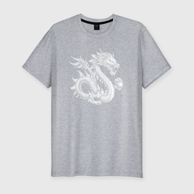 Мужская футболка хлопок Slim с принтом Белый китайский дракон с шаром в Курске, 92% хлопок, 8% лайкра | приталенный силуэт, круглый вырез ворота, длина до линии бедра, короткий рукав | 