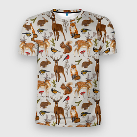 Мужская футболка 3D Slim с принтом Лесные животные в Санкт-Петербурге, 100% полиэстер с улучшенными характеристиками | приталенный силуэт, круглая горловина, широкие плечи, сужается к линии бедра | 