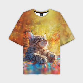 Мужская футболка oversize 3D с принтом Милый и довольный котёнок в Кировске,  |  | Тематика изображения на принте: 