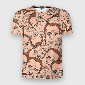 Мужская футболка 3D Slim с принтом Лица Николаса Кейджа в Санкт-Петербурге, 100% полиэстер с улучшенными характеристиками | приталенный силуэт, круглая горловина, широкие плечи, сужается к линии бедра | Тематика изображения на принте: 