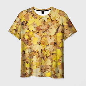 Мужская футболка 3D с принтом Осенние листья на земле в Кировске, 100% полиэфир | прямой крой, круглый вырез горловины, длина до линии бедер | 