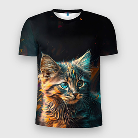Мужская футболка 3D Slim с принтом Удивлённый котёнок в Кировске, 100% полиэстер с улучшенными характеристиками | приталенный силуэт, круглая горловина, широкие плечи, сужается к линии бедра | Тематика изображения на принте: 