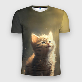 Мужская футболка 3D Slim с принтом Радостный котёнок в солнечных лучах в Кировске, 100% полиэстер с улучшенными характеристиками | приталенный силуэт, круглая горловина, широкие плечи, сужается к линии бедра | Тематика изображения на принте: 