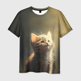 Мужская футболка 3D с принтом Радостный котёнок в солнечных лучах , 100% полиэфир | прямой крой, круглый вырез горловины, длина до линии бедер | 