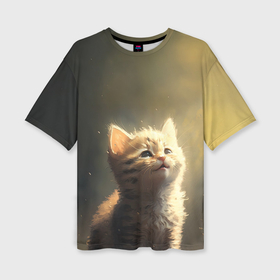 Женская футболка oversize 3D с принтом Радостный котёнок в солнечных лучах в Курске,  |  | 
