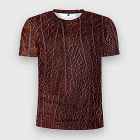 Мужская футболка 3D Slim с принтом Текстура коричневой кожи в Белгороде, 100% полиэстер с улучшенными характеристиками | приталенный силуэт, круглая горловина, широкие плечи, сужается к линии бедра | 