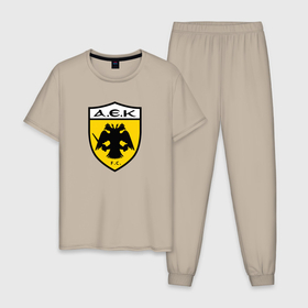 Мужская пижама хлопок с принтом Футбольный клуб AEK в Петрозаводске, 100% хлопок | брюки и футболка прямого кроя, без карманов, на брюках мягкая резинка на поясе и по низу штанин
 | 