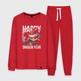 Мужской костюм хлопок с принтом Happy Dragon year в Петрозаводске, 100% хлопок | на свитшоте круглая горловина, мягкая резинка по низу. Брюки заужены к низу, на них два вида карманов: два “обычных” по бокам и два объемных, с клапанами, расположенные ниже линии бедра. Брюки с мягкой трикотажной резинкой на поясе и по низу штанин. В поясе для дополнительного комфорта — широкие завязки | 