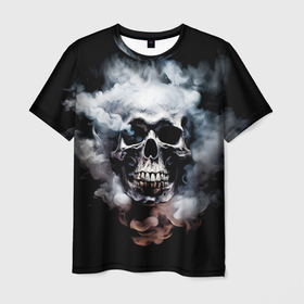 Мужская футболка 3D с принтом Металлический череп в дыму в Белгороде, 100% полиэфир | прямой крой, круглый вырез горловины, длина до линии бедер | Тематика изображения на принте: 