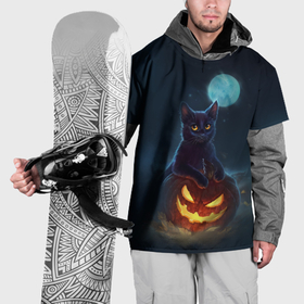 Накидка на куртку 3D с принтом Кот с тыквой   хэллоуин в Новосибирске, 100% полиэстер |  | Тематика изображения на принте: 