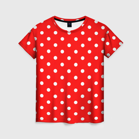Женская футболка 3D с принтом Белый горошек на красном в Тюмени, 100% полиэфир ( синтетическое хлопкоподобное полотно) | прямой крой, круглый вырез горловины, длина до линии бедер | 