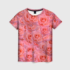 Женская футболка 3D с принтом Узор из роз , 100% полиэфир ( синтетическое хлопкоподобное полотно) | прямой крой, круглый вырез горловины, длина до линии бедер | 